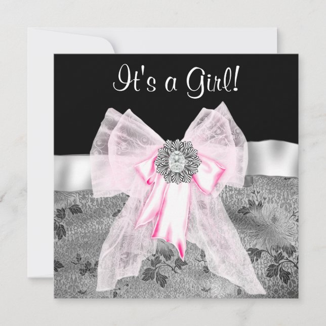 Pink Black Damask Baby Shower Invitations (Devant)