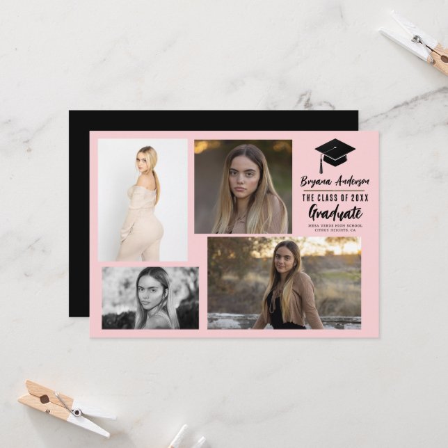 Pink Black Graduation moderne 4 Faire-part photo (Devant/Arrière en situation)