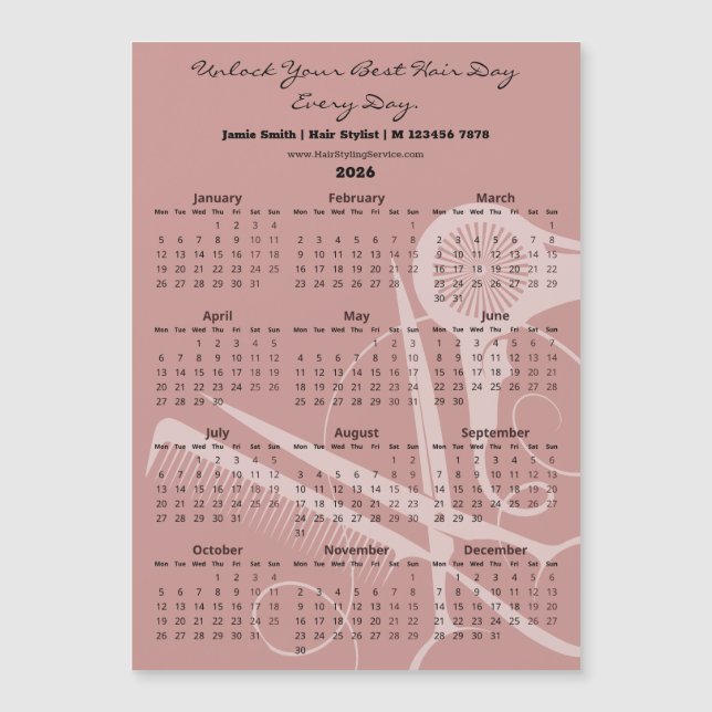 Pink Black Hair Stylist Tools 2026 Calendar Magnet (Devant)