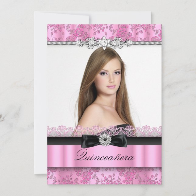 Pink & Black Lace Photo Quinceanera Invitation (Devant)