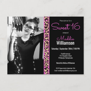 Pink & Black Leopard Photo Sweet 16 Invitation