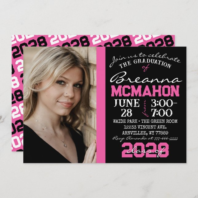 Pink & Black Modern Graduation Photo Invitation (Devant / Derrière)
