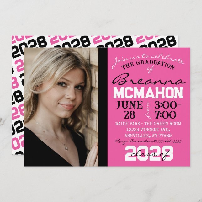 Pink, Black & White Graduation Photo Invitation (Devant / Derrière)