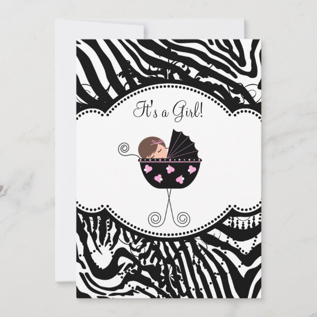 Pink Black Zebra Baby Girl Douche Invitations (Devant)