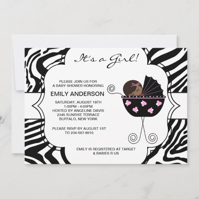 Pink Black Zebra Baby Girl Douche Invitations (Devant)