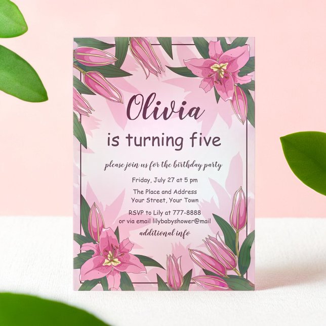 Pink Blooming Lilies Anniversaire Fête Invitation (Pink Blooming Lilies Birthday Party Invitation)