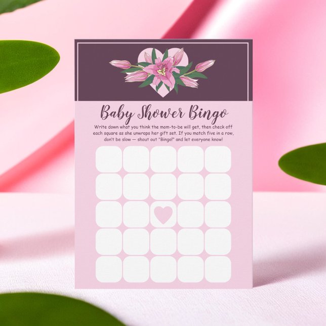 Pink Blooming Lily Baby shower Bingo Carte de jeu (Pink Blooming Lily Baby Shower Bingo Game Card)