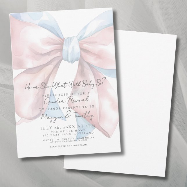 Pink Blue Bow Genre Reveale Party Invitation (Pink Blue Bow Gender Reveal Party Invitation)