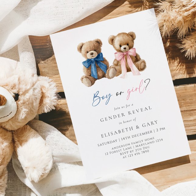 Pink & Blue Bows Bear Gender Reveal Invitation (Créateur téléchargé)
