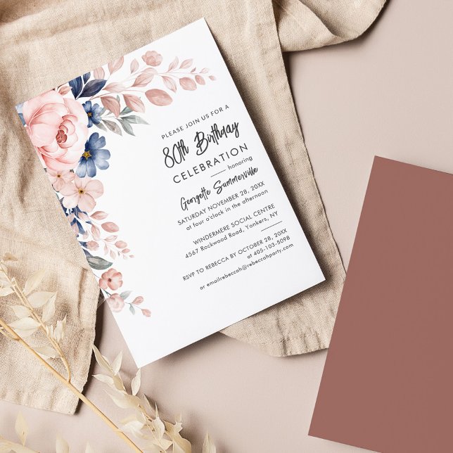 Pink Blue Floral 80e anniversaire de fête Invitati (Pink Floral 80th Birthday Party Invitation)