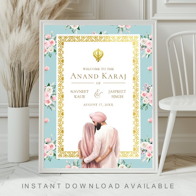 Pink Blue Floral Anand Karaj Affiche de bienvenue  (Créateur téléchargé)