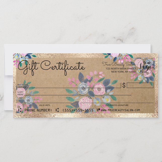 Pink Blue Floral Gold Kraft chèque cadeau certific (Devant)