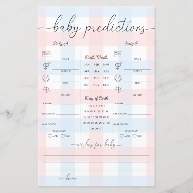 Pink Blue Gingham Twins Baby Predictions Game (Devant)