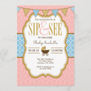 Pink Blue Gold Sip Et Voir Invitation
