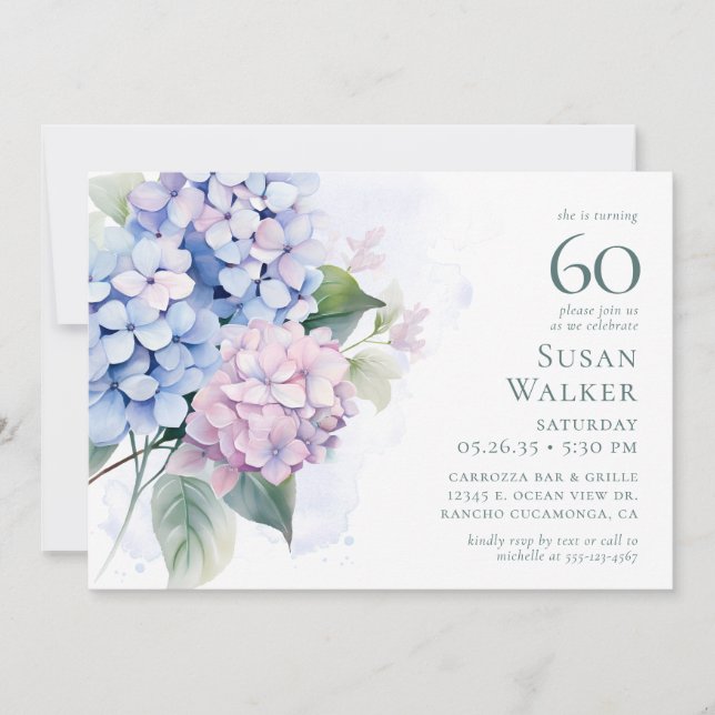 Pink Blue Hydrangeas 60e carte d'anniversaire Dema (Devant)