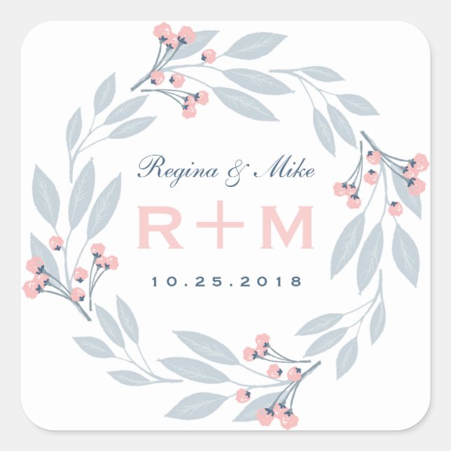 Pink Blue Leaf Floral Wreath Wedding Favor Sticker (Devant)