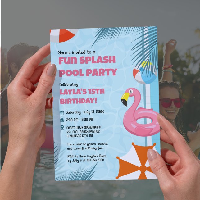 Pink & Blue Splash Pool Party Birthday Invitation (Pink & Blue Splash Pool Party Birthday Invitation)