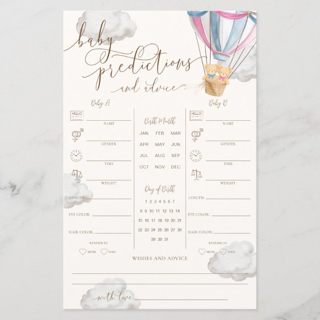 Pink Blue Teddy Bear Twins Baby Predictions Game (Devant)