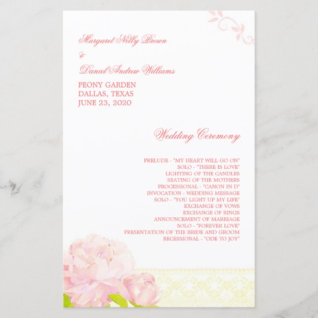 Pink Blush Blossoms Programme de mariage floral (Devant)