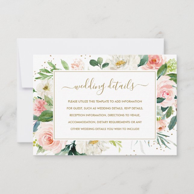 Pink Blush Gold Floral Gold Mariage Détails Carte (Devant)