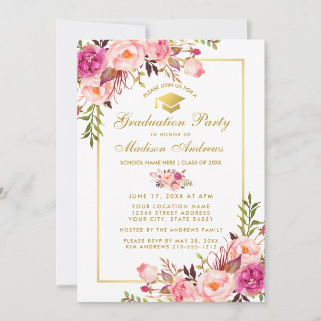 Pink Blush Gold Floral Graduation Party Invitation (Devant)