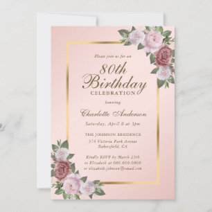 Pink Blush or Floral 80e anniversaire Invitation
