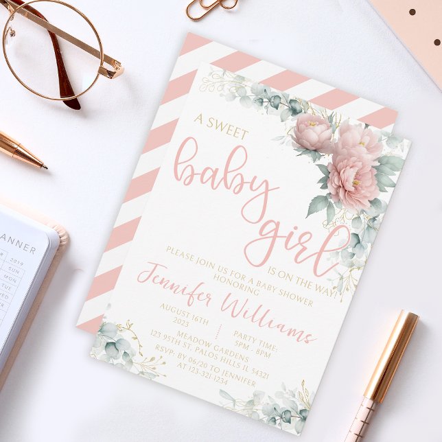Pink blush or floral fille baby shower invitation (Créateur téléchargé)