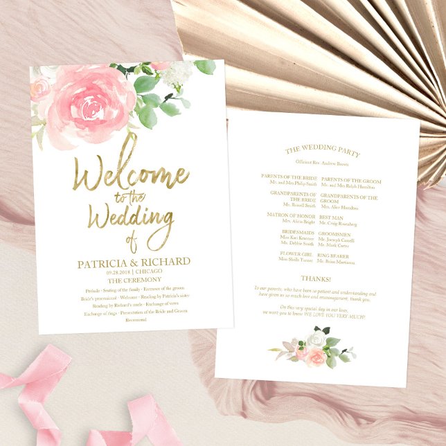 Pink Blush Rose Floral Gold Wedding Programme (Créateur téléchargé)