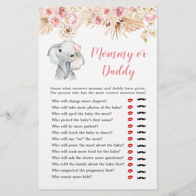 Pink Boho Elephant Girl Baby shower maman ou papa (Devant)