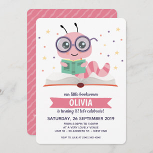 Pink Bookworm Livre Anniversaire Fête Invitation