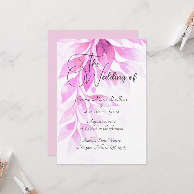 Pink Botanical Wedding Invitation (Devant/Arrière en situation)