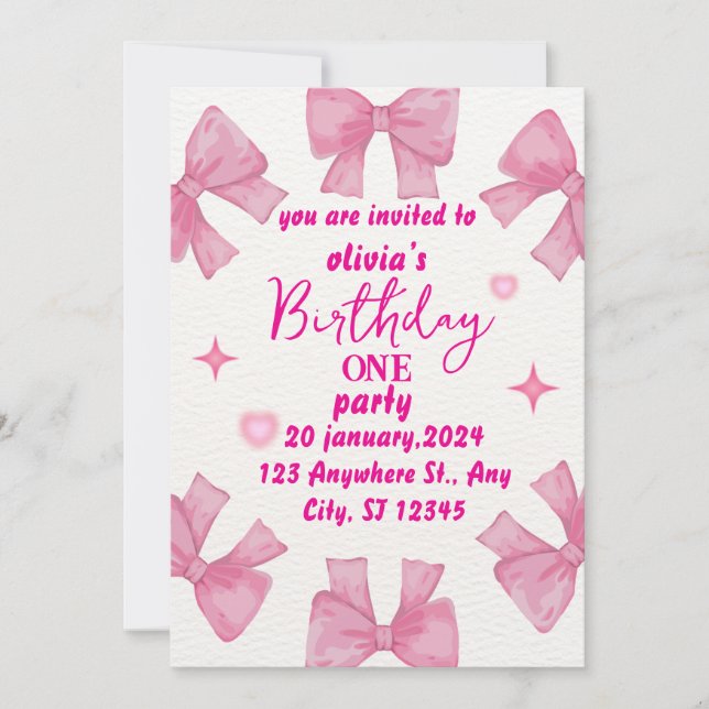 Pink Bow 1er anniversaire Invitation Girl (Devant)