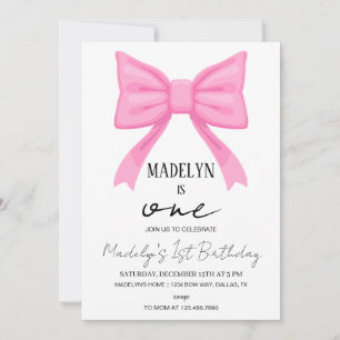 Pink Bow 1er Anniversaire Invitation Girl, Coquet