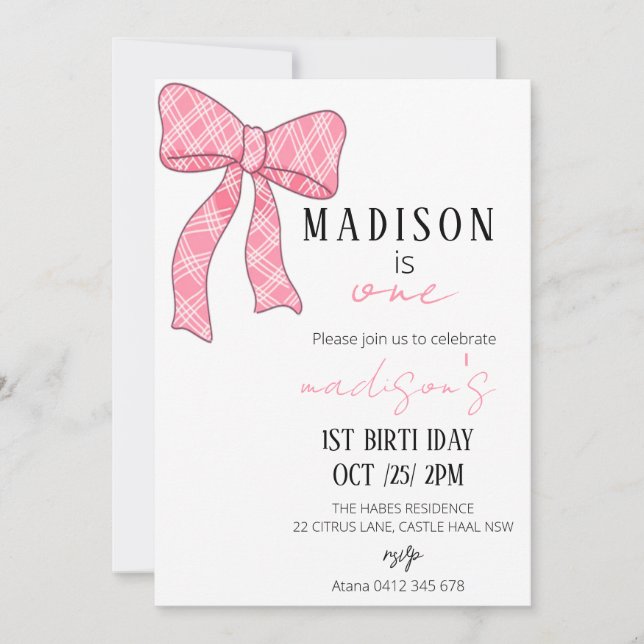 Pink Bow 1er Anniversaire Invitation Girl, premièr (Devant)