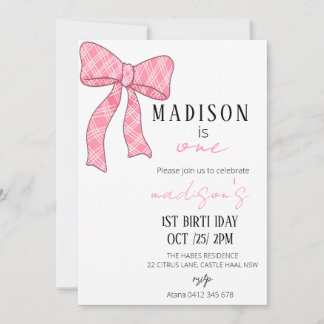 Pink Bow 1er Anniversaire Invitation Girl, premièr