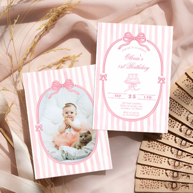 Pink Bow 1st Birthday Girl Photo Invitation (Créateur téléchargé)