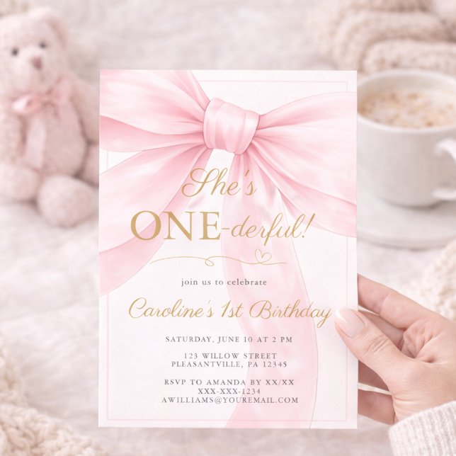🎀 Pink Bow 1st Birthday Invitation 💕 (Créateur téléchargé)