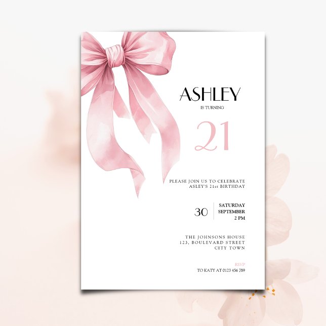 Pink Bow 21st Birthday Invitation for Girls (Pink bow coquette ribbon 21st birthday invitation for girls and woman.)