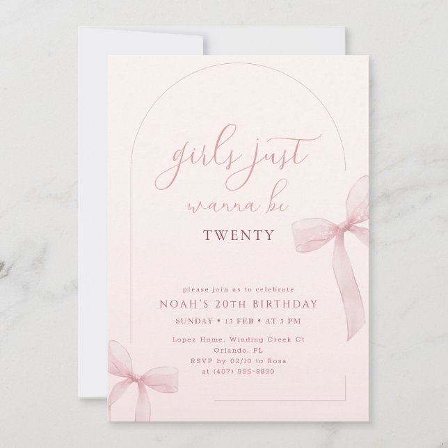 Pink Bow Arch Frame Girl 20th Birthday Invitation (Devant)