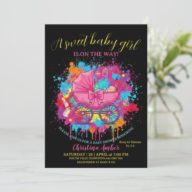 Pink Bow Baby Carriage Girl Baby Shower Invitation (Debout devant)