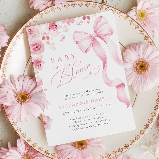 Pink Bow Baby In Bloom Baby Shower Invitation  (Créateur téléchargé)