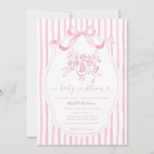 Pink Bow Baby in Bloom Baby Shower Invitation (Devant)