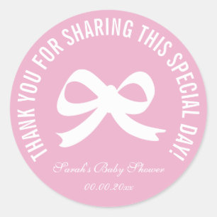 Pink bow baby shower party de faveur merci sticker