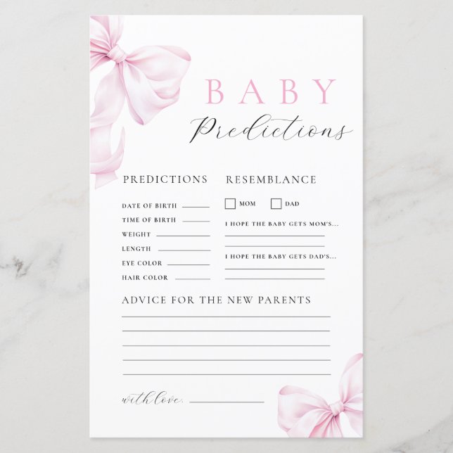 Pink Bow Baby Shower Prediction & Advice Game (Devant)