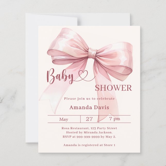 Pink bow beige girl Baby Shower invitation (Devant)
