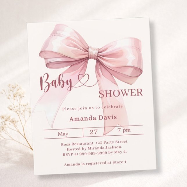 Pink bow beige girl Baby Shower invitation (Créateur téléchargé)