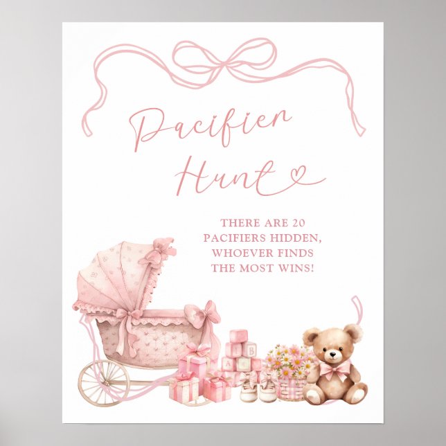Pink Bow Carriage Baby Shower Pacifier Hunt Poster (Devant)