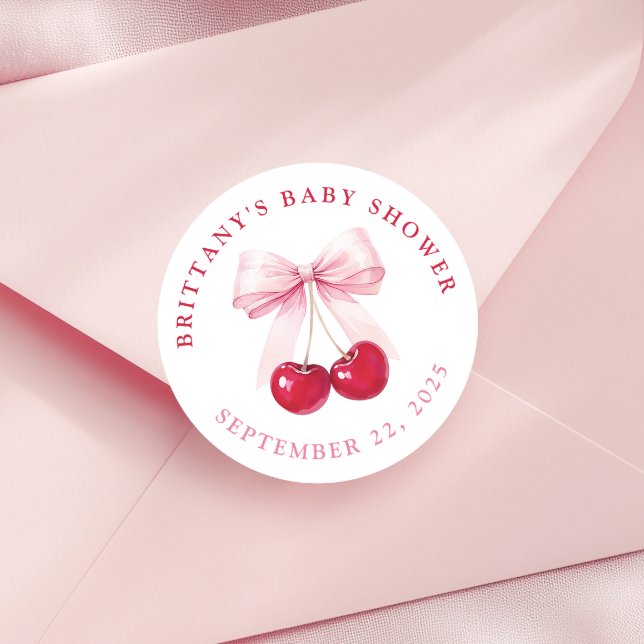 Pink Bow Cherry Baby Shower Round Stickers (Créateur téléchargé)