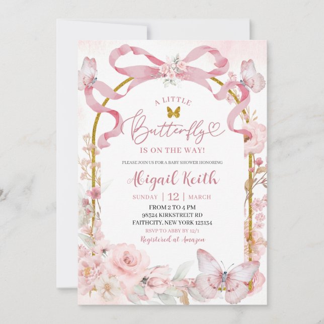 Pink Bow Coquette Butterfly Baby Shower Invitation (Devant)