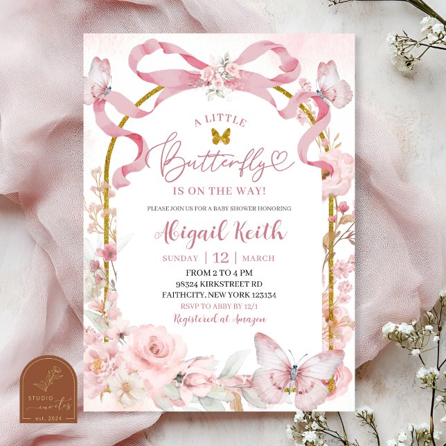 Pink Bow Coquette Butterfly Baby Shower Invitation (Créateur téléchargé)